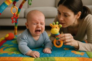 image d'un bébé en pleurs avec sa mère qui tente de le consolert pour illustrer l'ateliers parents pleurs de bébé à Pont-du-Château