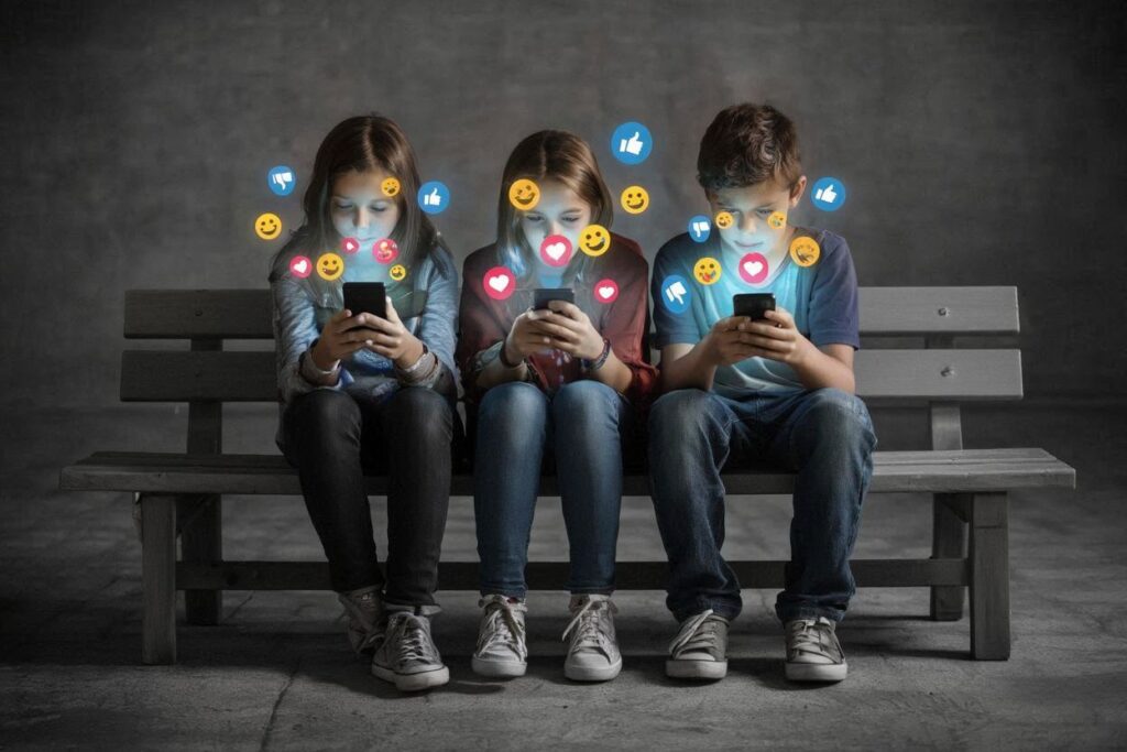 3 adolescents sur leurs smartphones. Le monde autours d'eux est gris et fade. Des smileys colorés s'échappent de leurs écrans