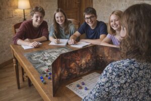 Session de jeu de rôle avec 4 adolescents et un thérapeute.